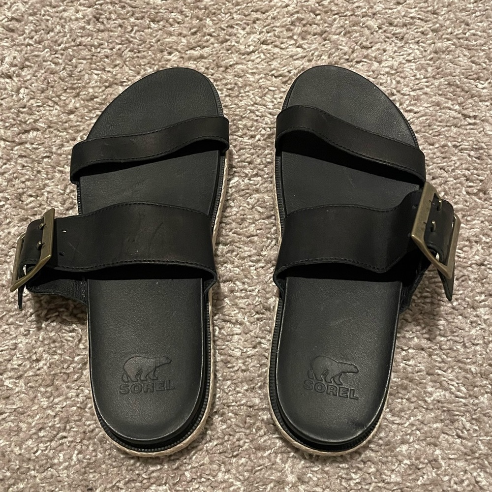 Sorel Women's Roaming Black Leather Platform Espadrille Sandals